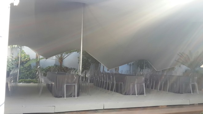 Covered Pool with flooring and bedouin